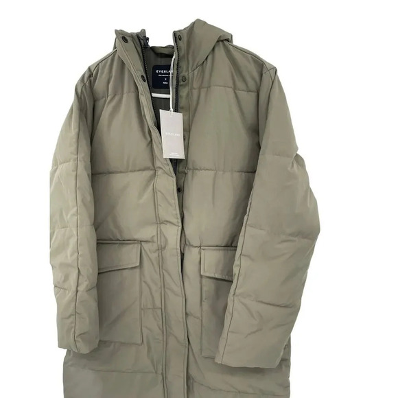 Everlane Women S The ReNew Long Puffer in Kalamata Green Primaloft Hooded Coat - Picture 3 of 13